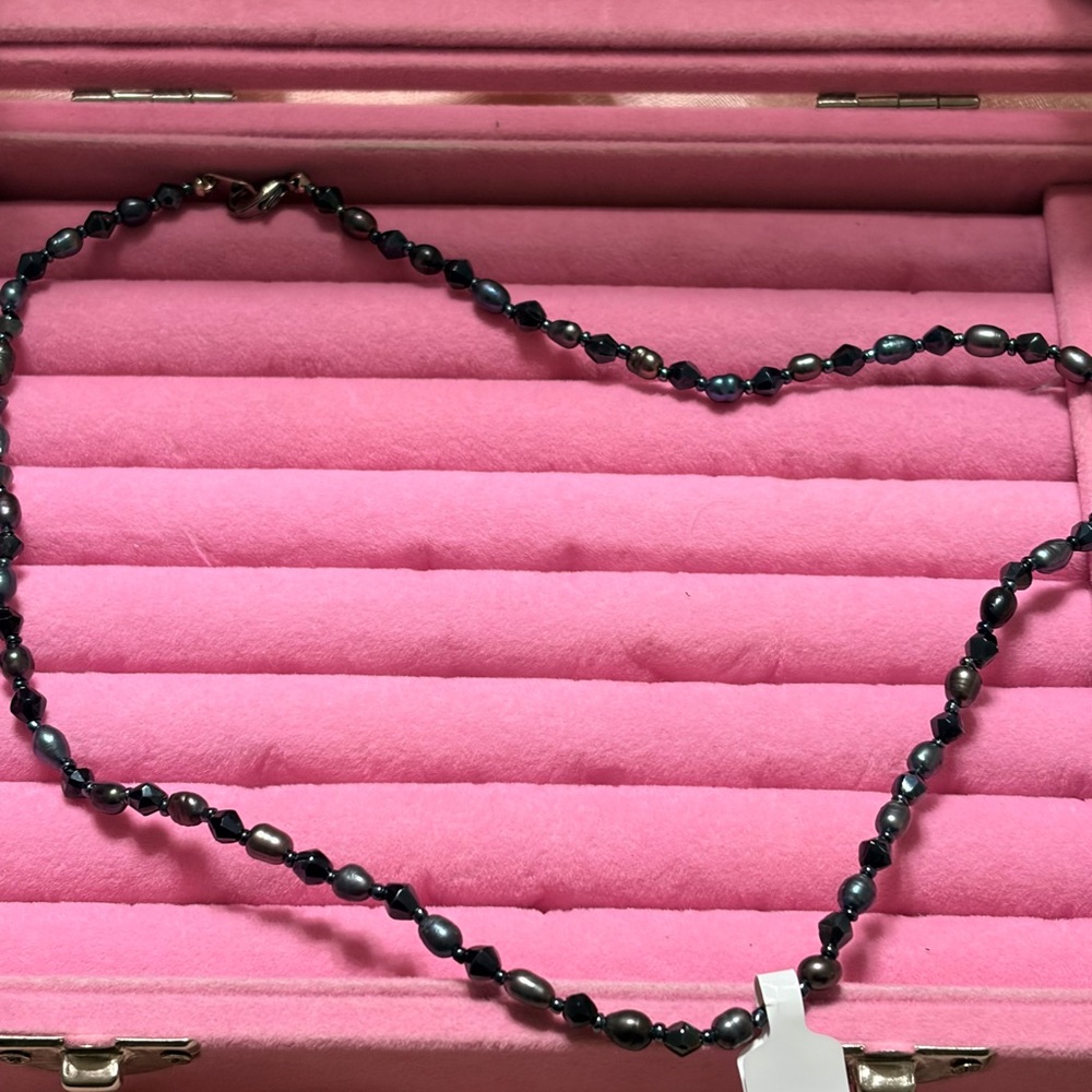 Authentic grey pearls and black quartz necklace